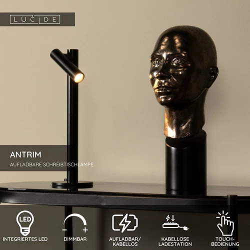 Lucide ANTRIM - wiederaufladbare Schreibtischlampe Innen/Außen - Akku/Batterie - LED Dim. - 1x2,2W 2700K - IP54 - Mit kabelloser Ladestation - Schwarz - USP